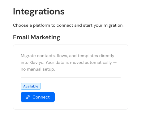 Beena Integrations page showing Email Marketing connection option