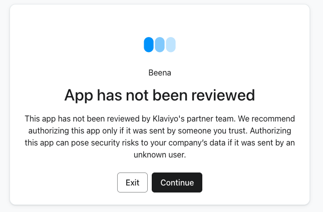 Klaviyo warning that app has not been reviewed