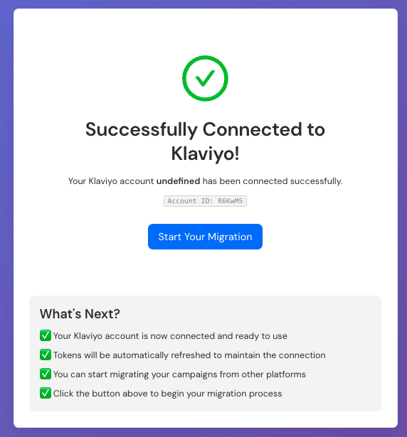 Success message showing Klaviyo is connected