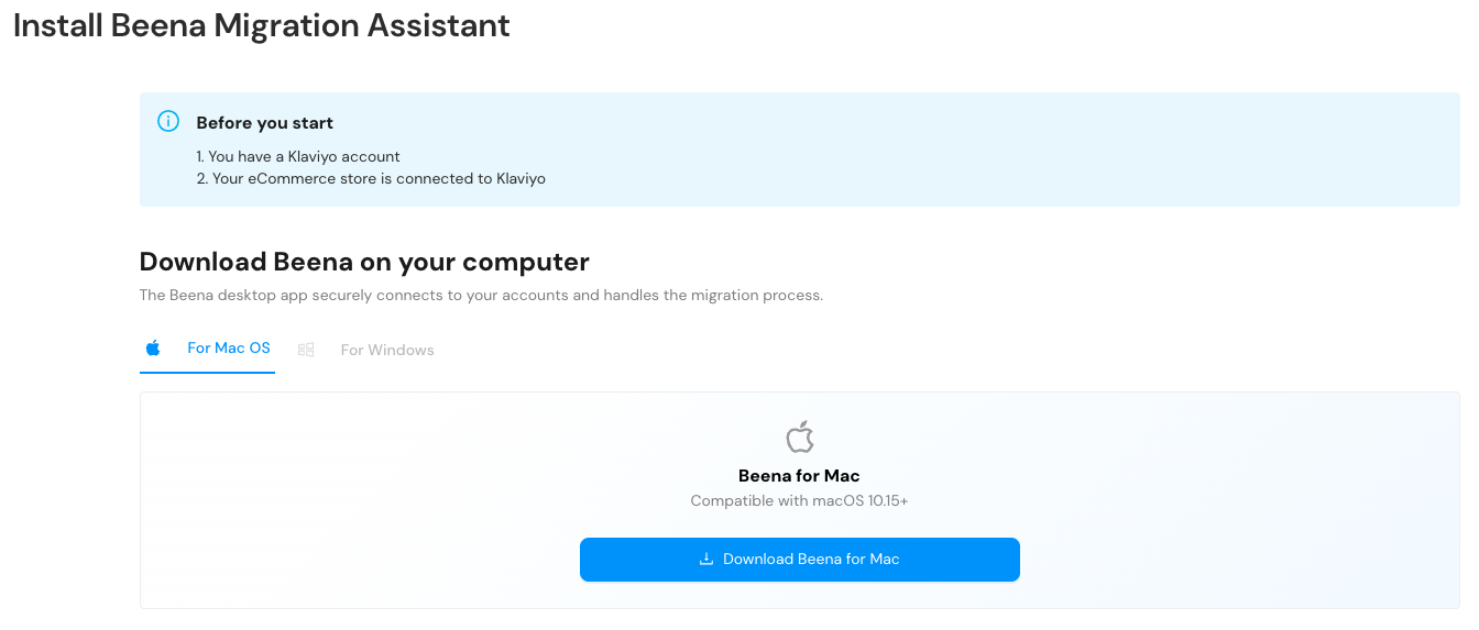 Beena download page showing Mac and Windows options