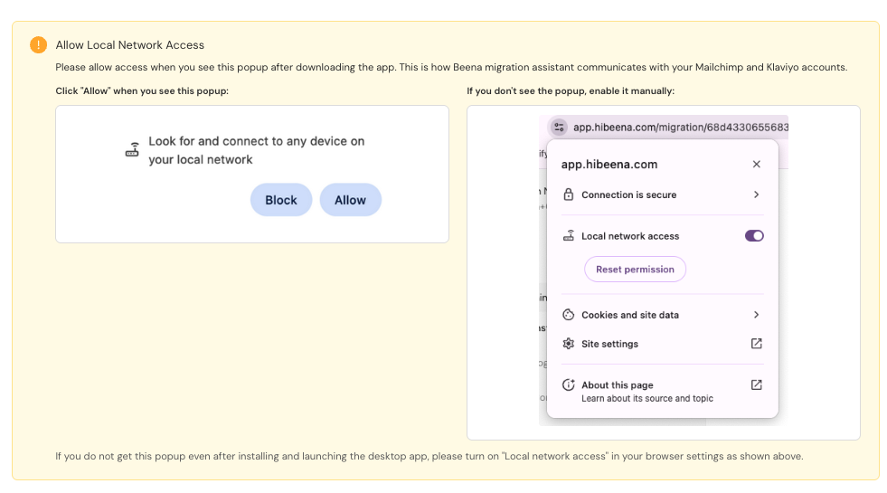Allow Local Network Access prompt and browser settings