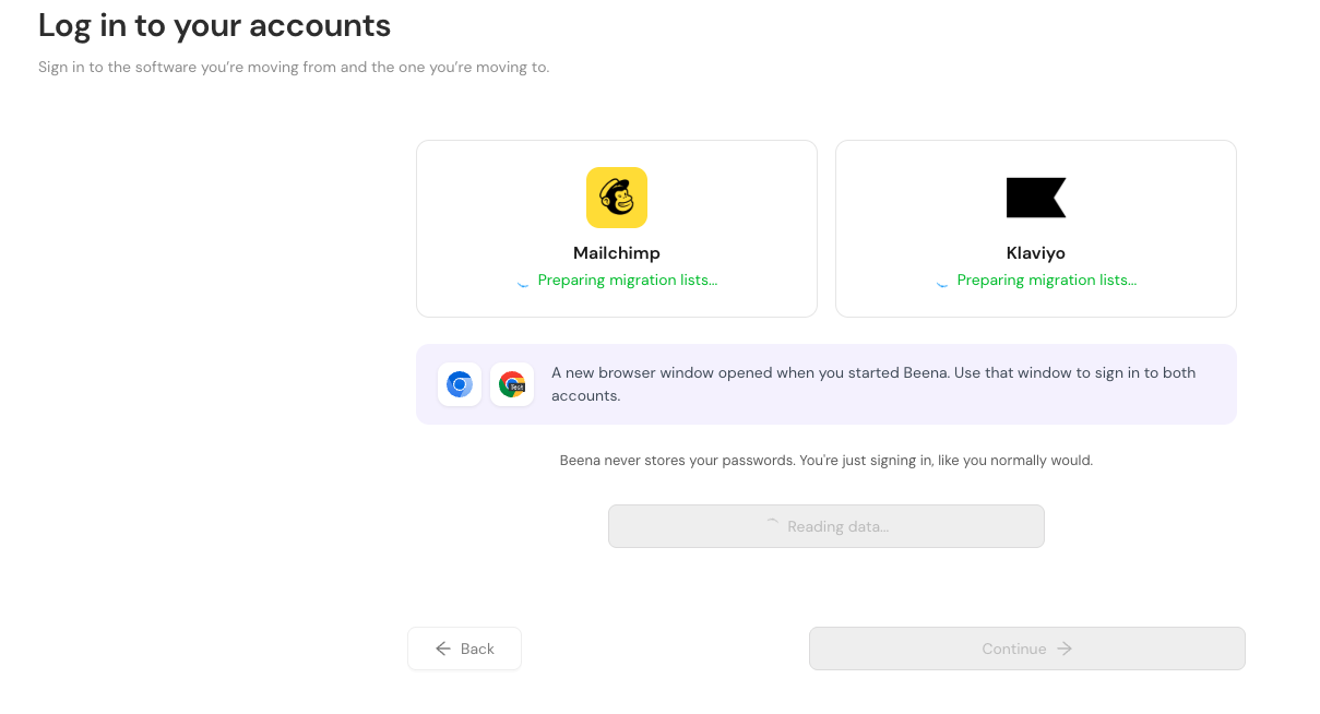 Beena preparing migration lists from your accounts