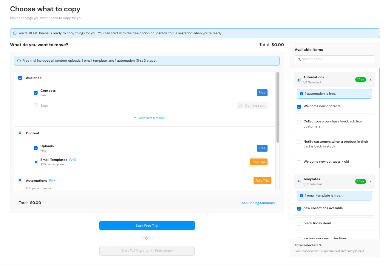 Choose what to copy screen showing available items