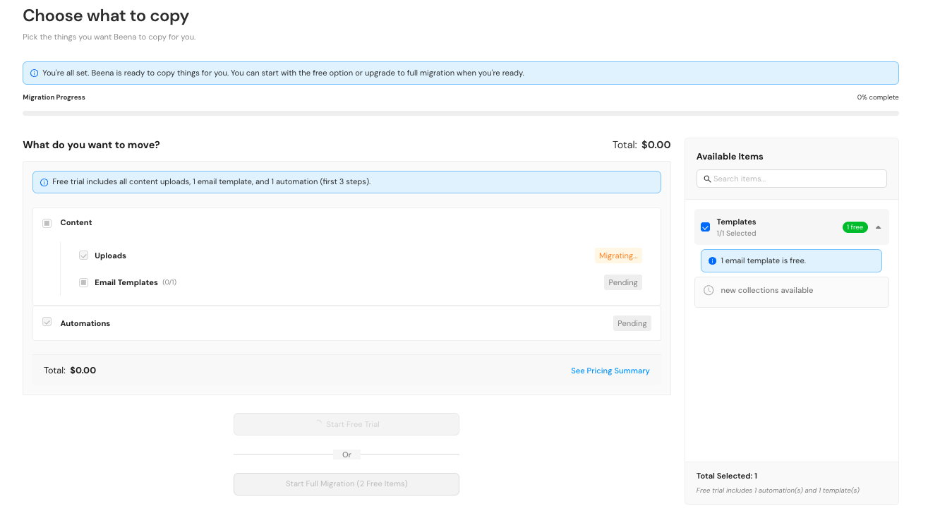 Migration in progress showing items being copied