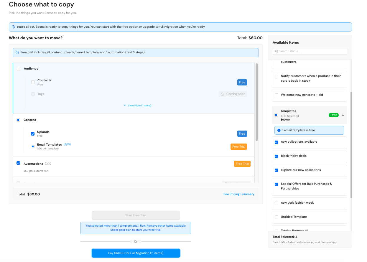 Selecting additional items beyond the free trial with total cost shown