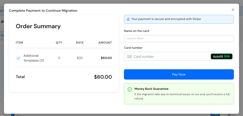 Payment dialog showing order summary and Stripe checkout
