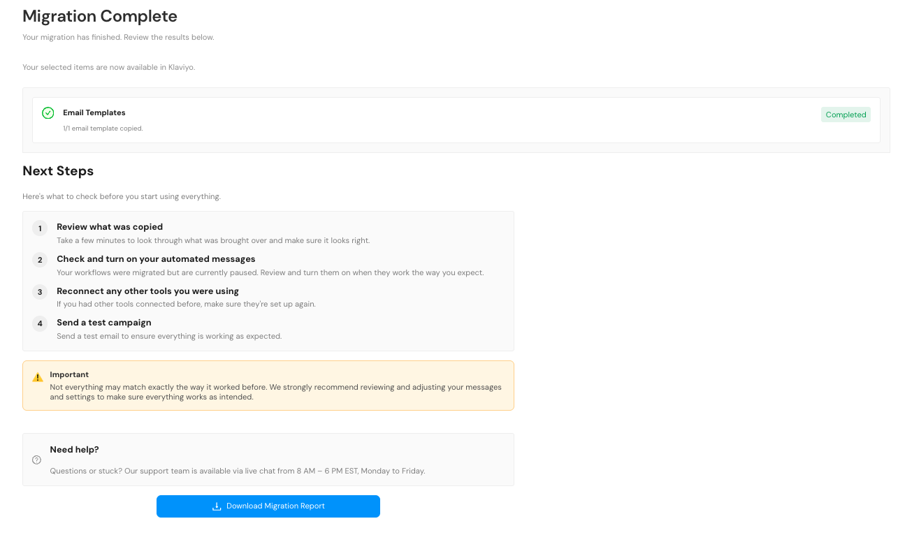 Migration complete screen showing results and next steps